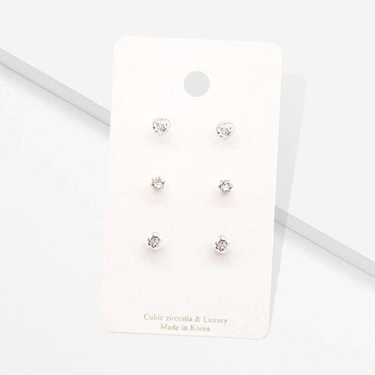 3Pairs - CZ Heart Round Stud Earrings