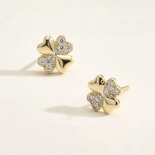 14K Gold Dipped CZ Pave Clover Stud Earrings