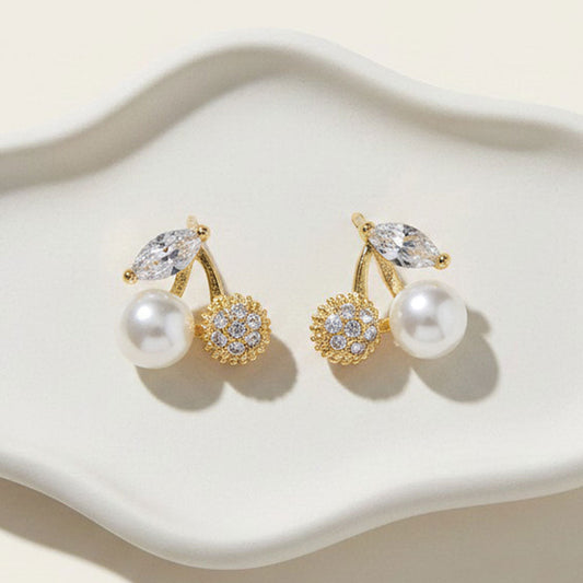 14K Gold Dipped Hypoallergenic Pearl CZ Cherry Stud Earrings