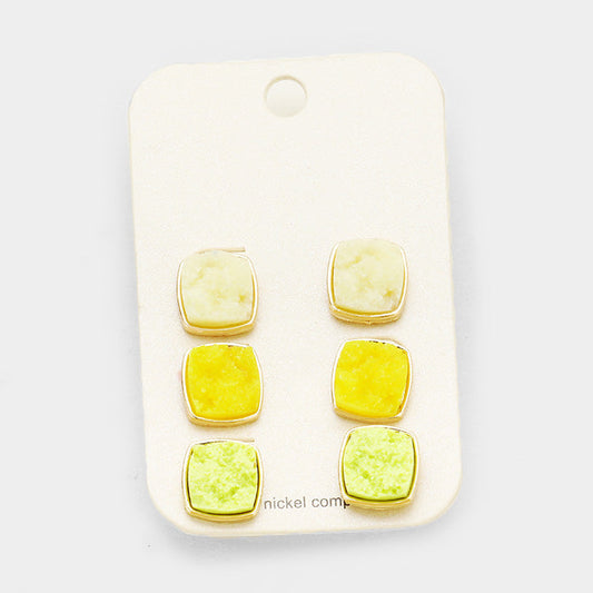3Pairs Genuine Druzy Square Stud Earrings
