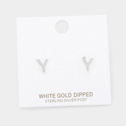 -Y- White Gold Dipped Metal Initial Monogram Stud Earrings