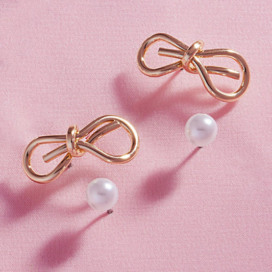 2Pairs - Metal Wire Bow Pearl Stud Earrings