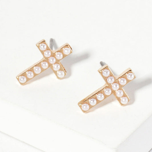 Pearl Cross Stud Earrings