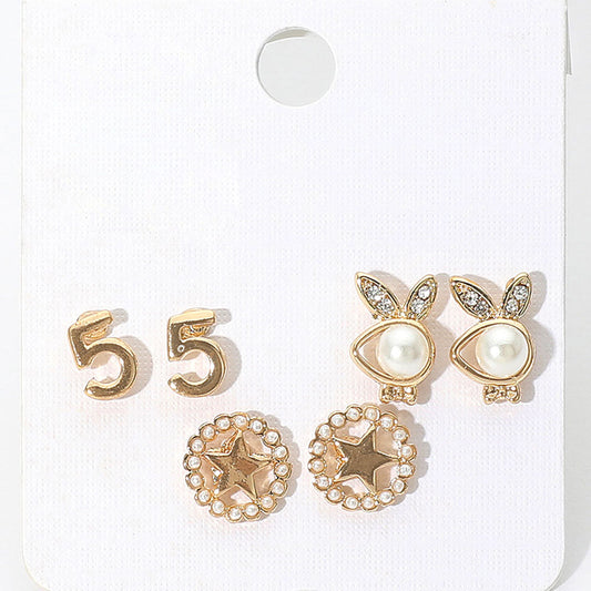 3Pairs - Pearl Playboy bunny star stud earrings