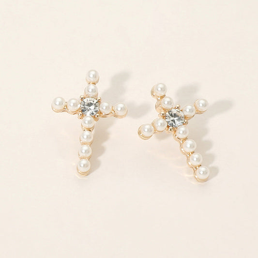 Rhinestone Center Pearl Beaded Cross Stud Earrings