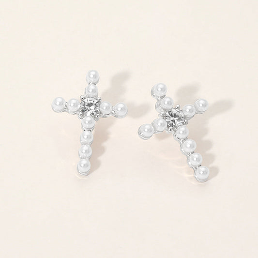 Rhinestone Center Pearl Beaded Cross Stud Earrings