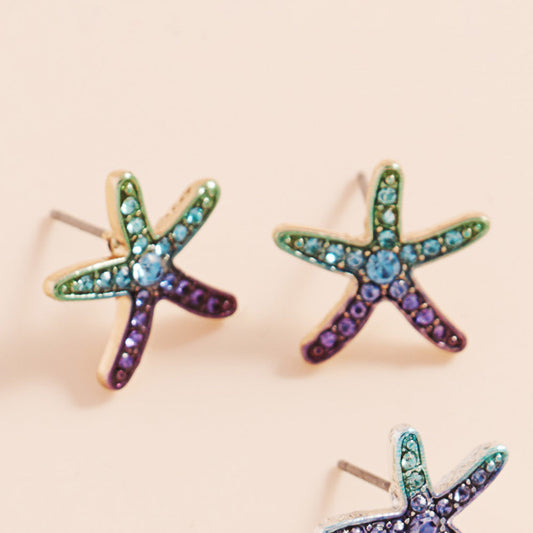 Stone Paved Colored Metal Starfish Stud Earrings