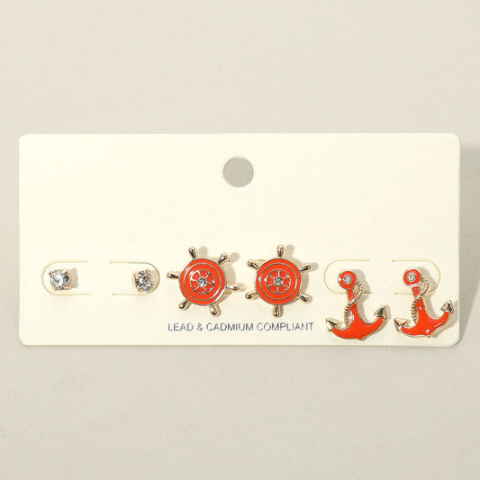 3PCS - Stone Embellished Enamel Ship Wheel Anchor Stud Earring Set