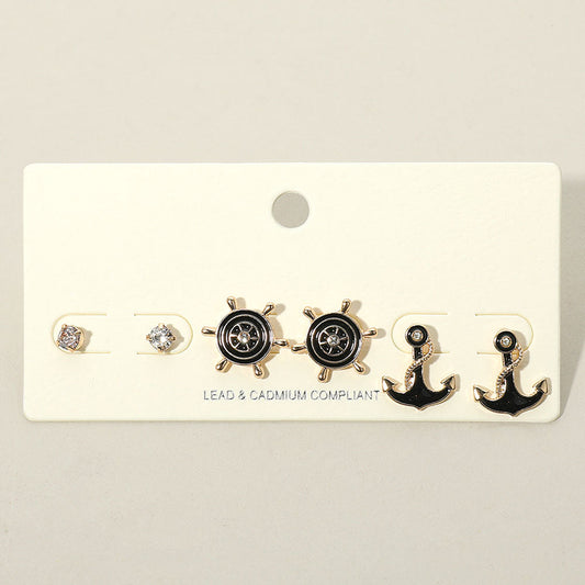 3PCS - Stone Embellished Enamel Ship Wheel Anchor Stud Earring Set
