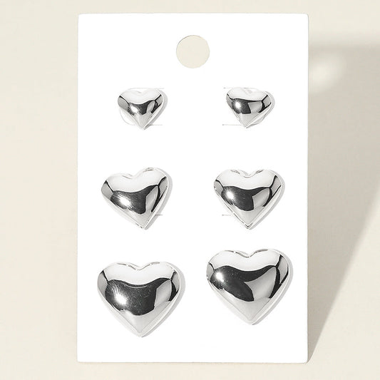 3Pairs - Metal Heart Stud Earring Set