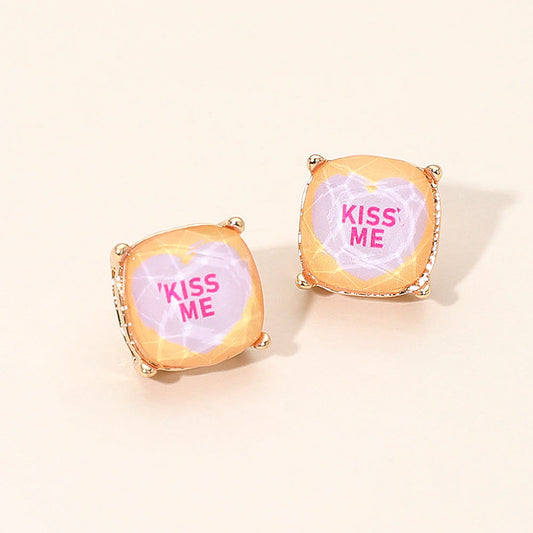 KISS ME Message Heart Square Cushion Stud Earrings