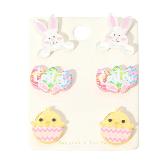 3Pairs - Easter Bunny Egg Chick Stud Earring Set