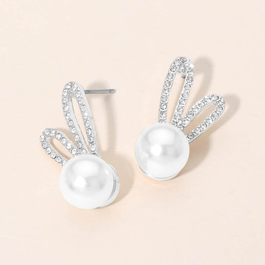 Rhinestone Pave Ear Pearl Bunny Stud Earrings