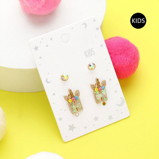 2Pairs - H Round Stone Unicorn Initial Monogram Stud Kids Earrings