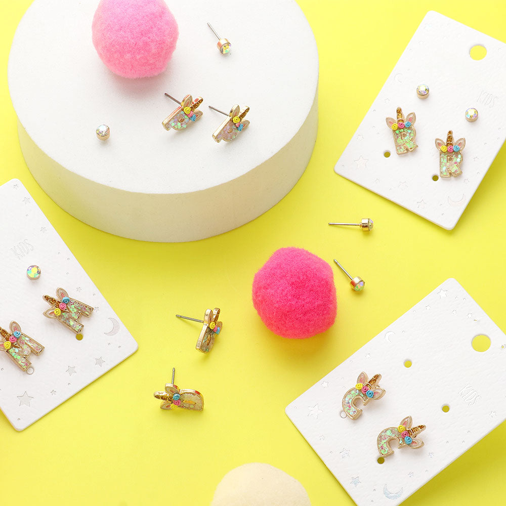2Pairs - K Round Stone Unicorn Initial Monogram Stud Kids Earrings