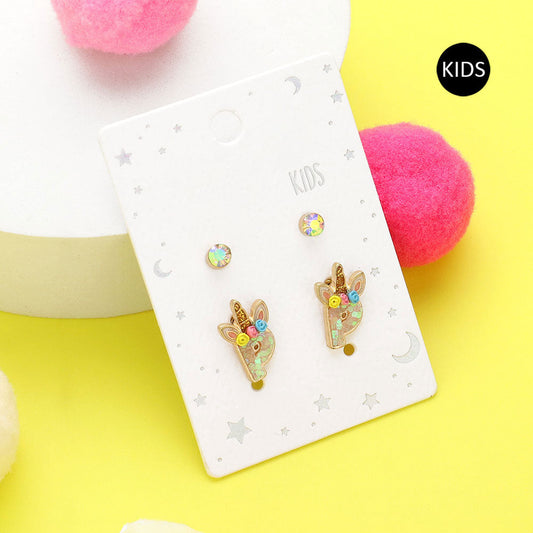 2Pairs - P Round Stone Unicorn Initial Monogram Stud Kids Earrings
