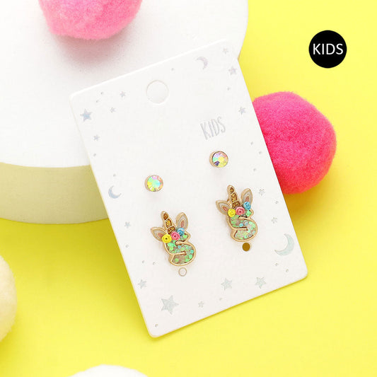 2Pairs - S Round Stone Unicorn Initial Monogram Stud Kids Earrings