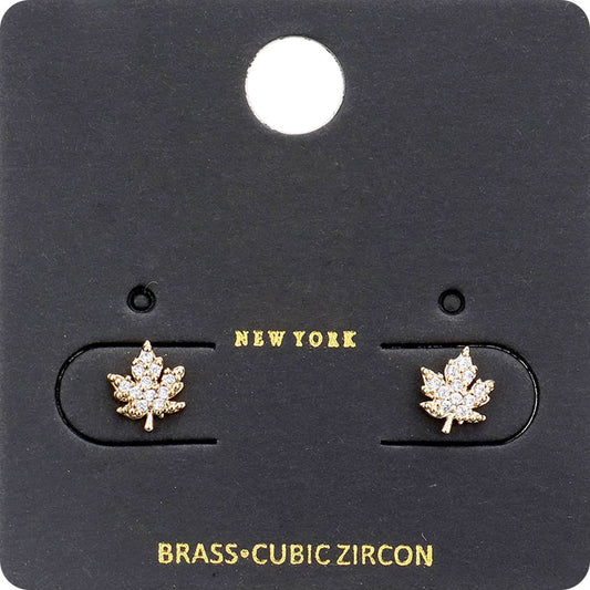 CZ Stone Embellished Brass Metal Maple Leaf Stud Earrings