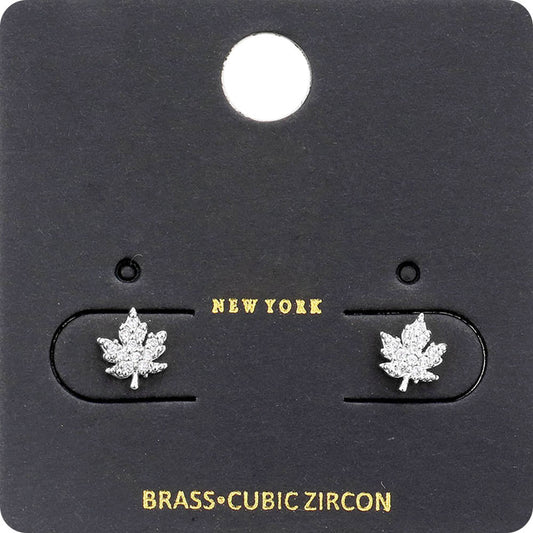 CZ Stone Embellished Brass Metal Maple Leaf Stud Earrings