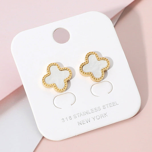 Stainless Steel Mother of Pearl Quatrefoil Stud Earrings