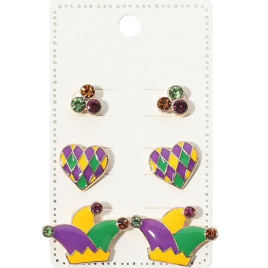 3Pairs - Enamel Mardi Gras Heart Hat Stud Earring Set