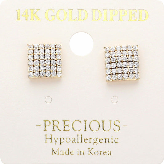 14K Gold Dipped Hypoallergenic Stone Paved Square Stud Earrings