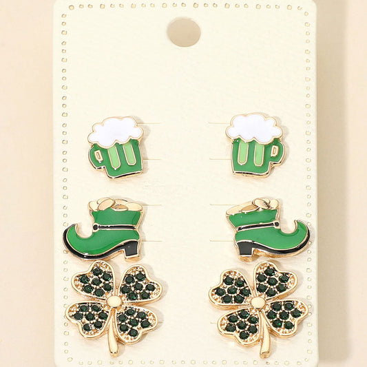 3Pairs - St Patricks Clover Boot Beer Mug Stud Earring Set