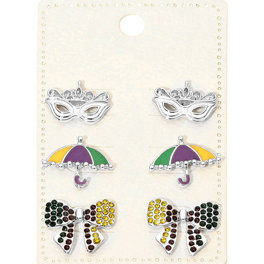 3Pairs - Mardi Gras Mask Umbrella Bow Stud Earring Set