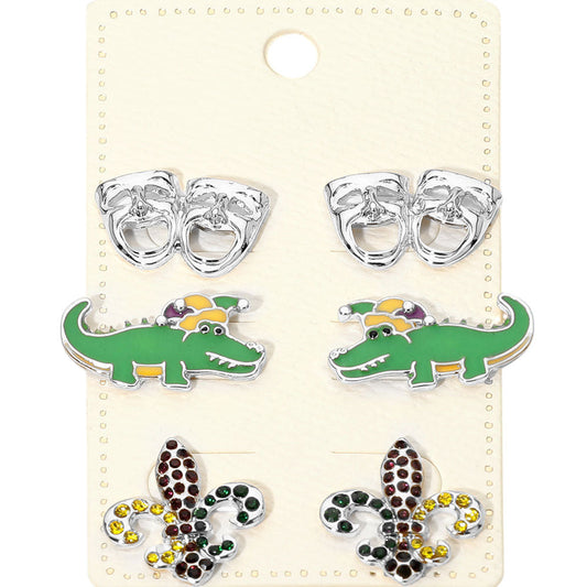 3Pairs - Mardi Gras Mask Crocodile Fleur de Lis Stud Earring Set