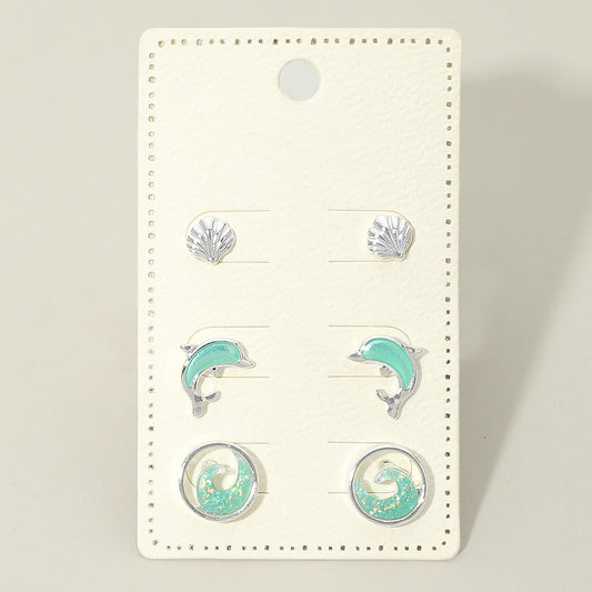 3Pairs - Ocean Theme Shell Dolphin Wave Stud Earring Set