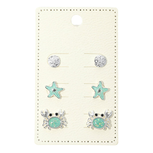 3Pairs - Ocean Theme Sand Dollar Starfish Crab Stud Earring Set