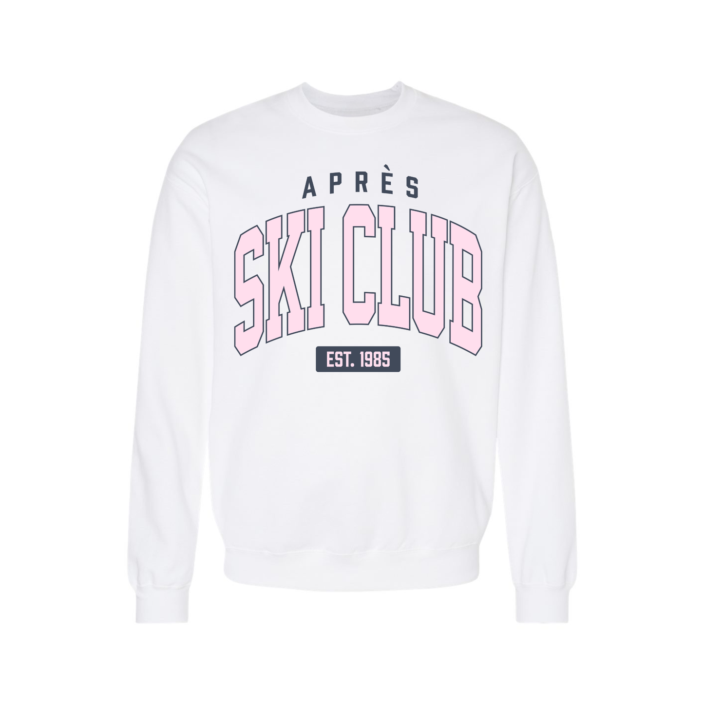 Après Ski Club Crewneck Sweatshirt | Pink & Navy Winter Graphic Sweatshirt