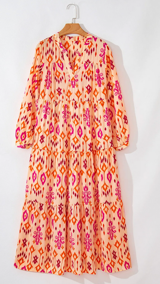 Western Abstract Geometric Long Sleeve Maxi Dress