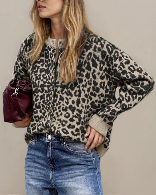 Leopard Knitted Cardigan - Black
