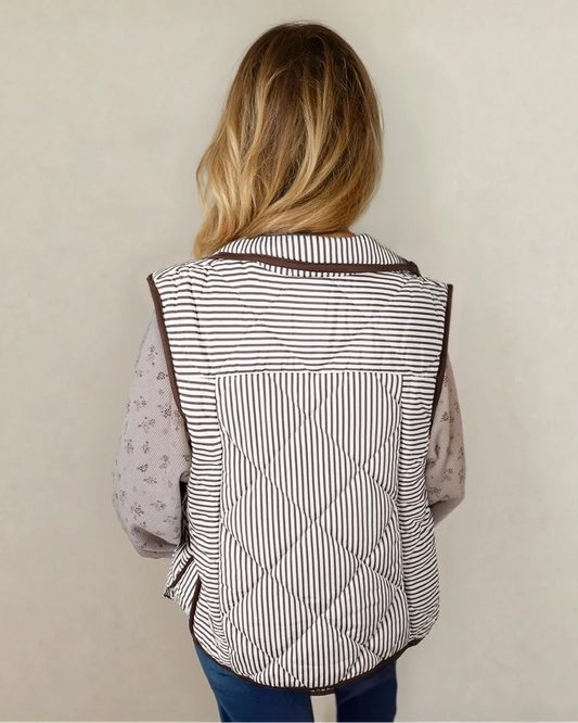 Skylar Striped Snap Button Scalloped Hem Winter Vest - Brown