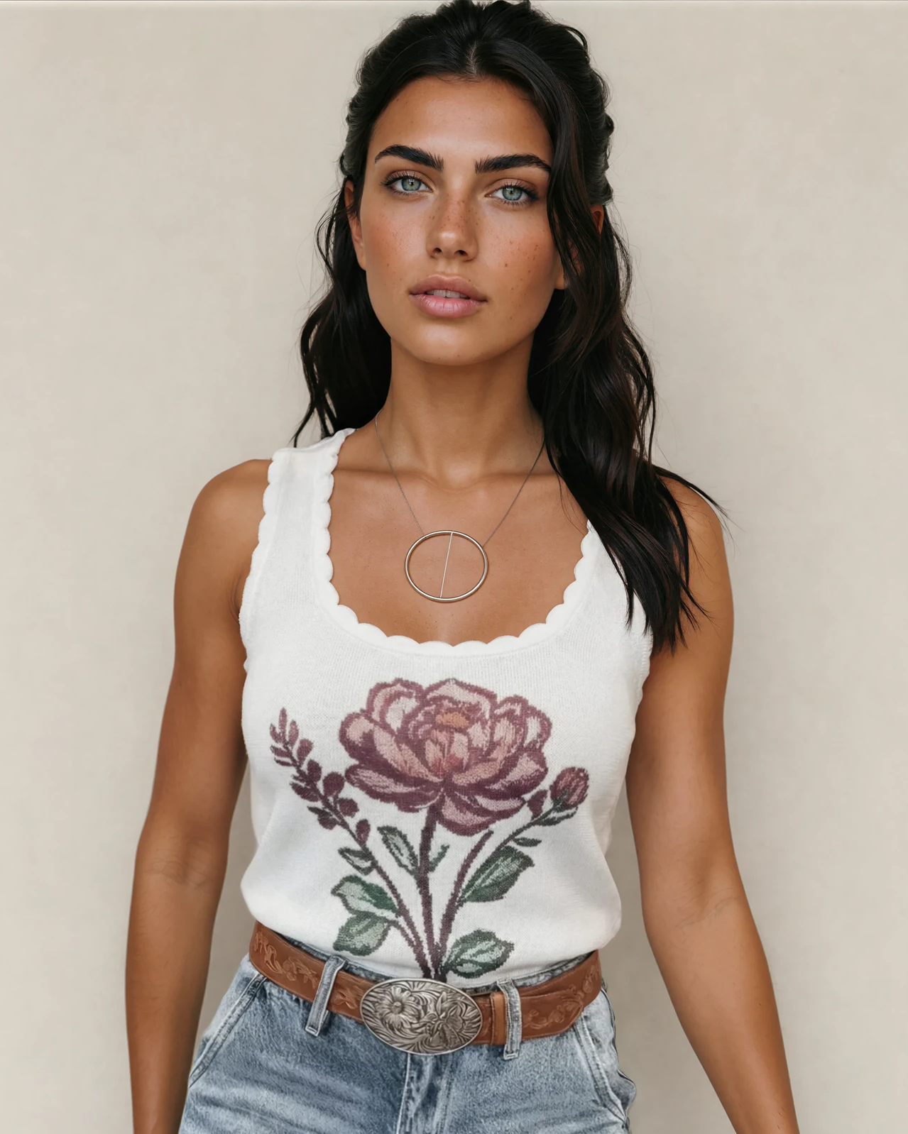 Kahlani Retro Floral Print Scalloped Square Neck Knit Sweater Vest