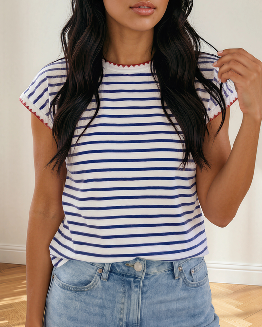 Briar Blue Stripe Tee | Contrast Trim Cap Sleeve Top