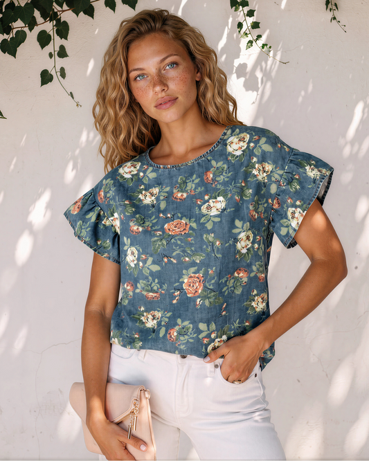 Ashleigh Floral Denim Top | Ruffle Sleeve Denim Blouse