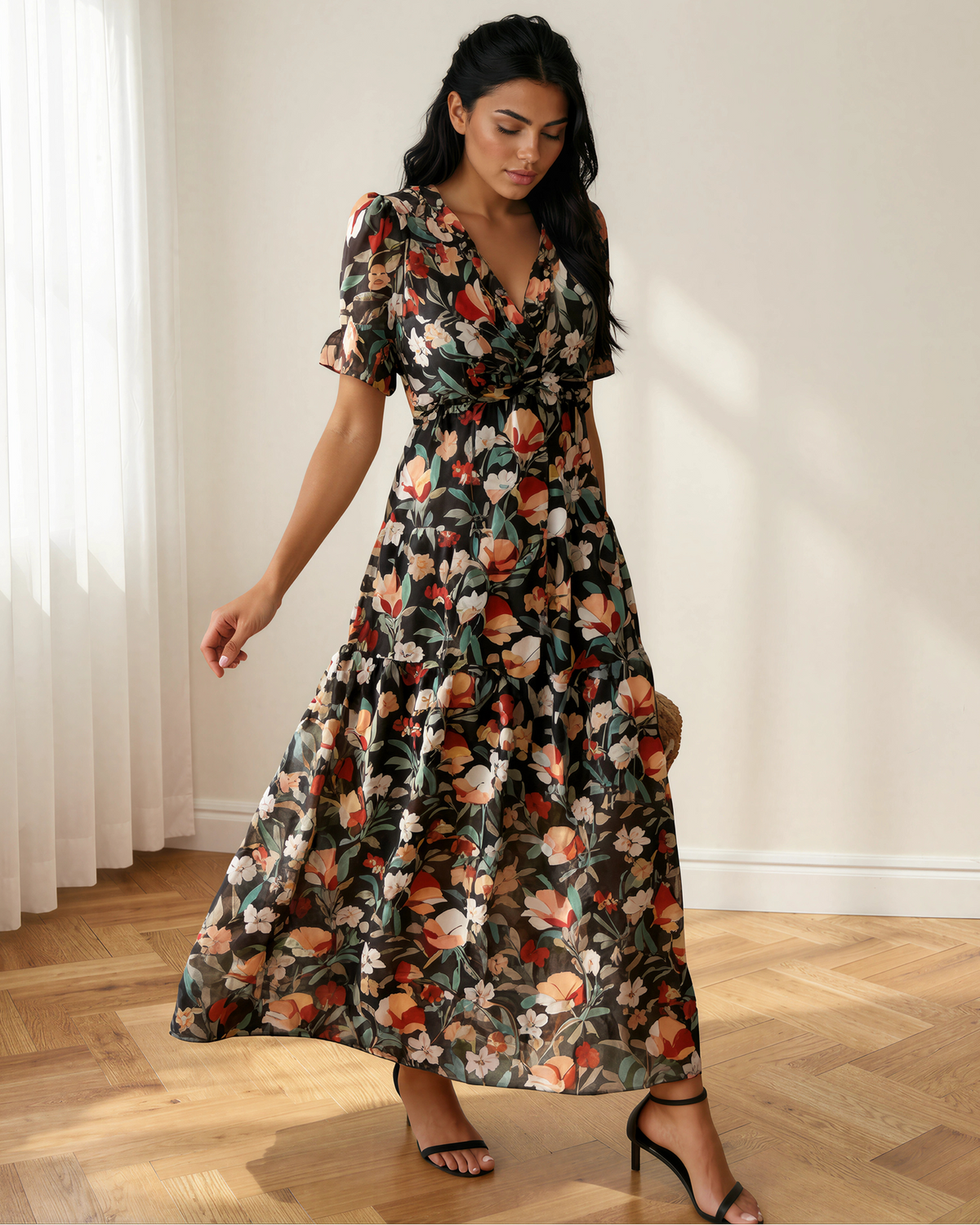 Haisley Floral Maxi Dress | Frill V Neck Dress