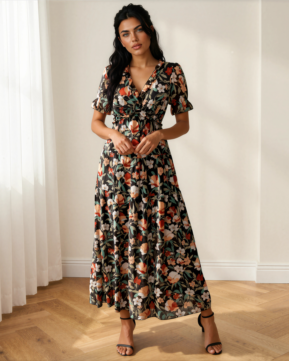Haisley Floral Maxi Dress | Frill V Neck Dress