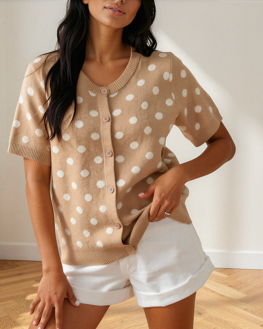 Eva Polka Dot Short Sleeve Button Down Sweater Cardigan