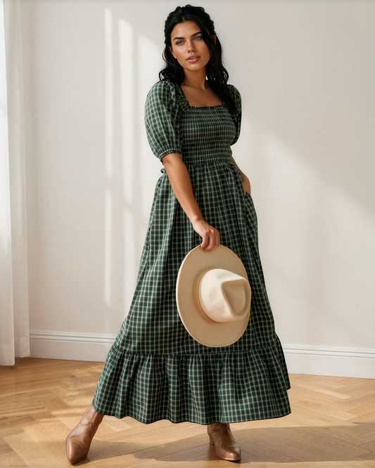 Daisy Plaid Square Neck Shirred High Waist Ruffle Hem Dress
