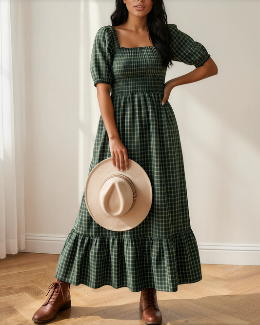 Daisy Plaid Square Neck Shirred High Waist Ruffle Hem Dress