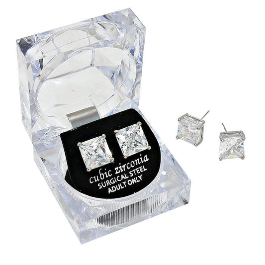 Women's 10mm Square Crystal Cubic Zirconia Stud Earrings in Clear Gift Box - Ready to