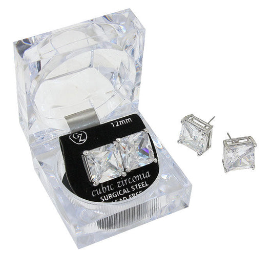 Women's 12mm Square Crystal Cubic Zirconia Stud Earrings in Clear Gift Box - Ready to