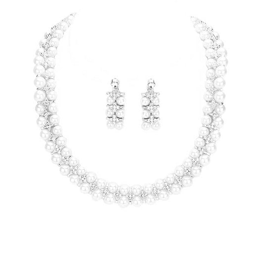 Crystal Rhinestone Pearl Cluster Bib Necklace