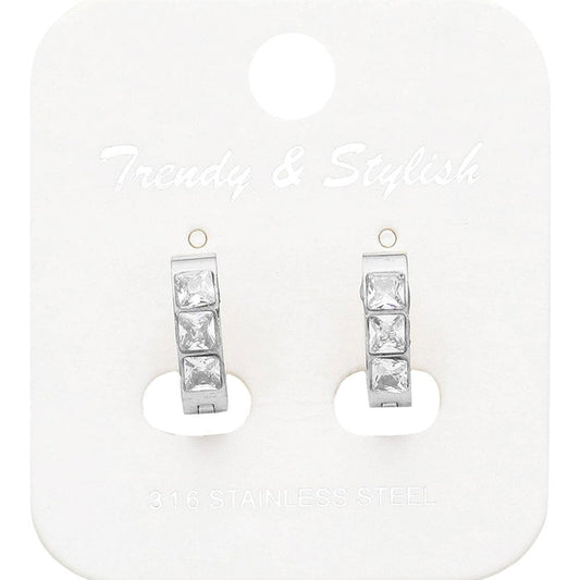 Square CZ Stone Paved Stainless Steel Huggie Hoop Earrings