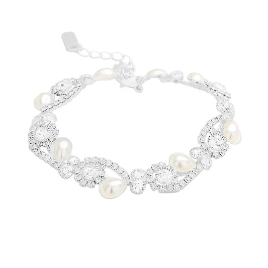Teardrop Pearl Rhinestone Pave Floral Evening Bracelet