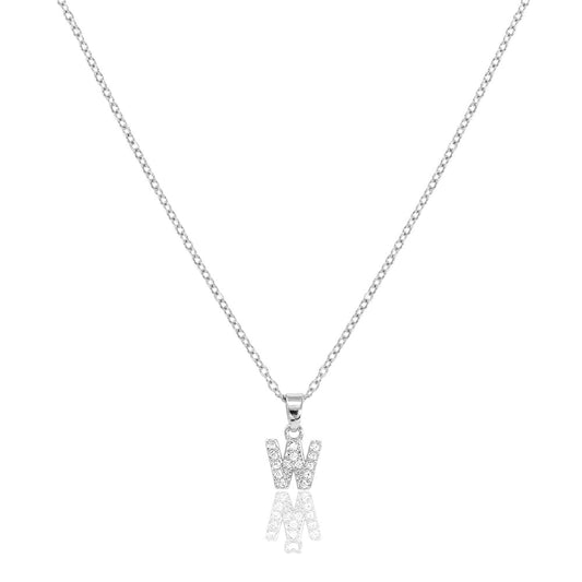 W Stainless Steel CZ Stone Paved Monogram Pendant Necklace