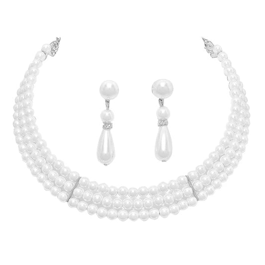 3 Row Pearl Necklace Earring Set